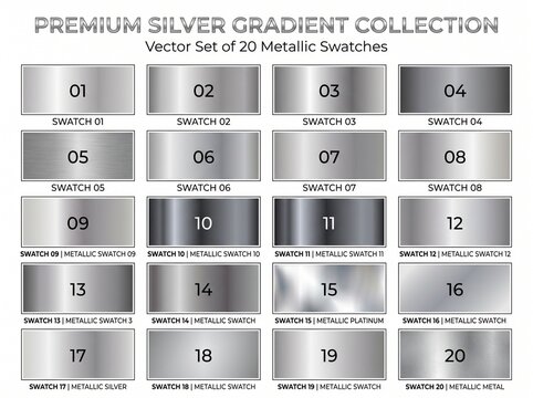 Premium silver gradient swatches, metallic color samples, vector set, 20 swatches