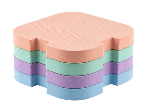 Foam Play Mat Interlocking Tiles Stacked Colorful Pastel Puzzle Floor Mats for Kids Playroom and Baby Nursery Gym, Soft EVA Textured Sponges Isolated on Black Background, Modern Minimalist Design.