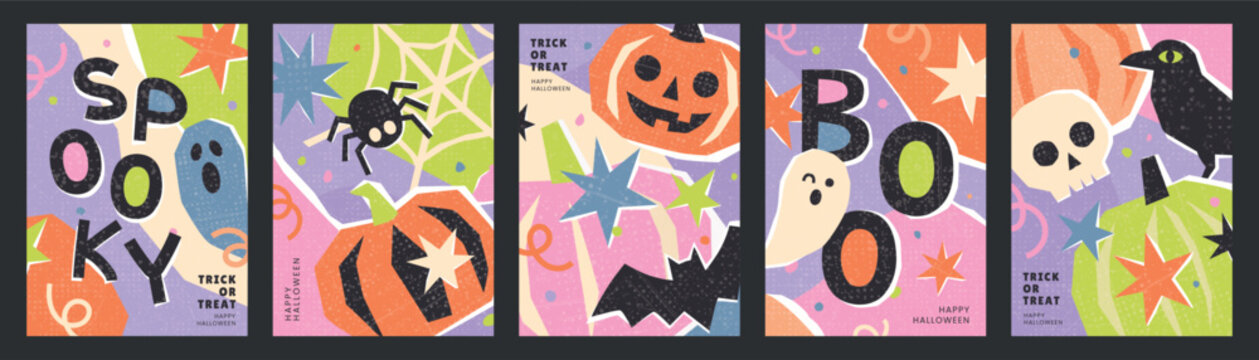 Set of vertical Halloween greeting cards featuring creepy skull, spider web, flying bat and cute ghosts. Vector illustrations in modern flat collage style with grain, ideal for autumn holiday event.