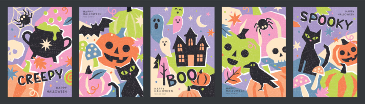 Set of Halloween card designs with spooky pumpkins, haunted house, black cat and ghosts. Vector illustrations in flat paper cut style with grainy texture, perfect for holiday greeting and invitation.