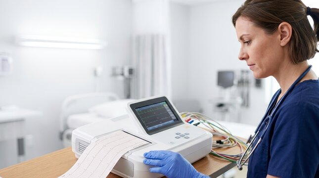 Female nurse operating electrocardiogram machine in hospital room. ECG EKG diagnostic test with heart rhythm printout. Healthcare and medicine concept