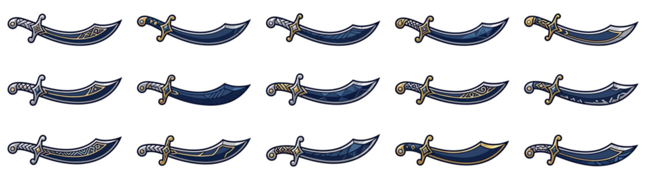 Collection of curved scimitars arranged in rows
