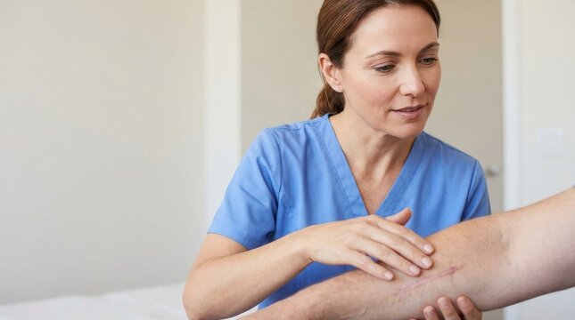 Female nurse examining a surgical scar on a patient arm. Healthcare professional checking post operative wound healing in a clinic. Medical checkup concept