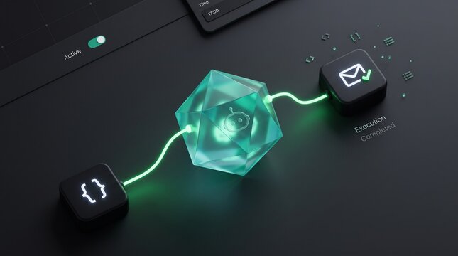 Glowing green circuit, neon light technology, futuristic computer keyboard, electronic device