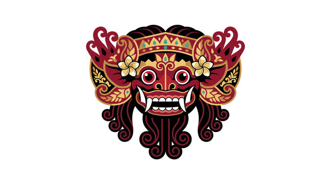 Red Balinese Rangda mask featuring floral crown.