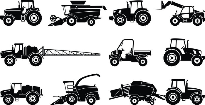 Agricultural machinery and farm vehicles silhouettes set isolated on white background, featuring modern tractors, combine harvesters, and crop sprayers vector