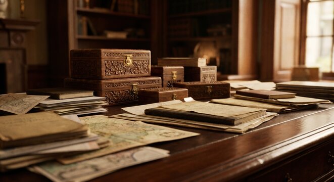 Antique wooden jewelry boxes and old manuscripts are arranged on a dark wooden desk inside a classic vintage library with bookshelves