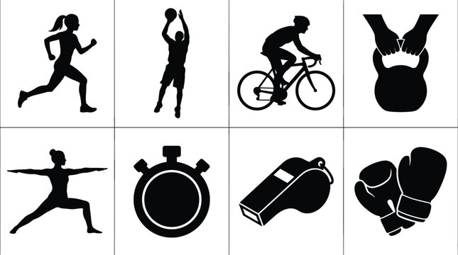 Fitness and sports silhouettes vector icon set featuring running, basketball, cycling, weightlifting, yoga, stopwatch, whistle, and boxing gloves