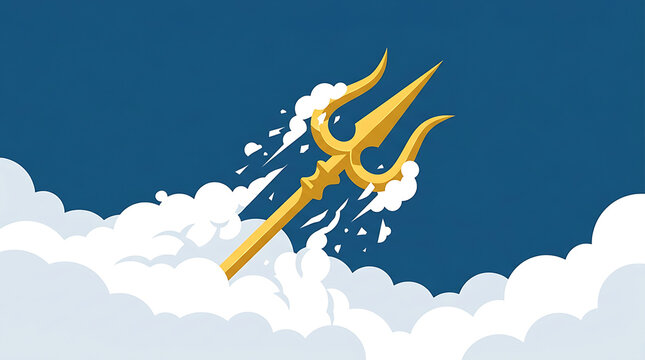 Golden trident emerging from clouds on blue backdrop