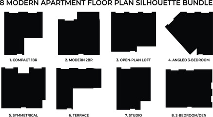 Set of eight modern apartment floor plan silhouettes including studio loft one bedroom and multi bedroom layouts for architectural design © RakibulIslam