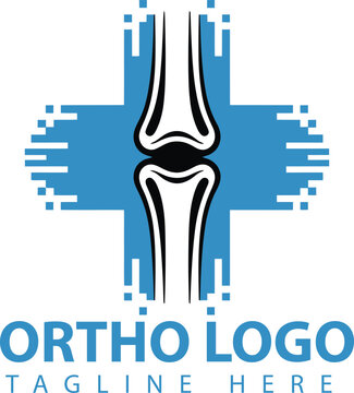 Orthopedic logo with knee joint and blue cross, symbolizing medical care and health services.