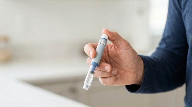 Close up of hand holding insulin pen injector. Diabetic medical device for blood sugar control. Medicine and healthcare concept