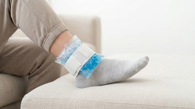 Blue gel ice pack wrapped around an injured ankle for cold therapy. First aid treatment for a sprained ankle or joint inflammation