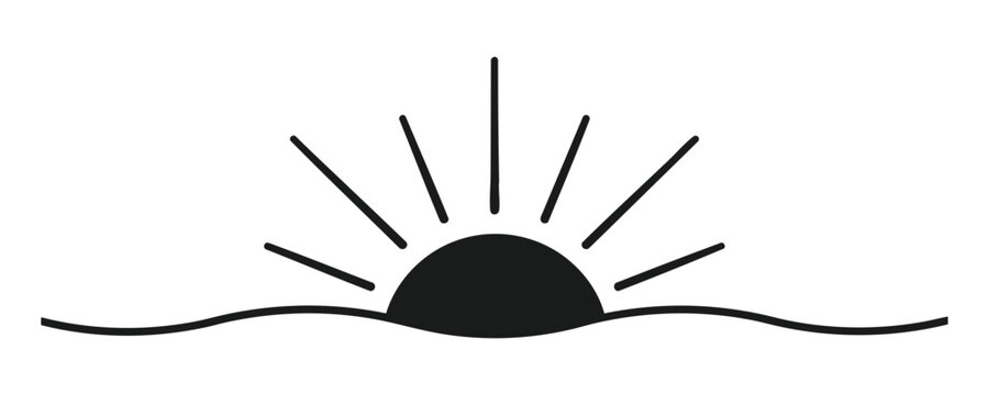 Sunrise icon with half sun circle and radiating rays over wavy horizon on transparent background.