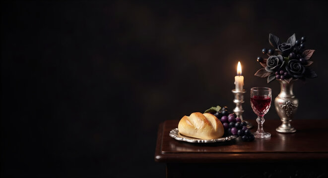 Miniature-style still life with bread, grapes, wine, candle, and flowers in a silver vase on a wooden table.