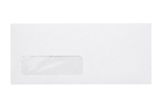 Front view of a white mailing envelope with address window