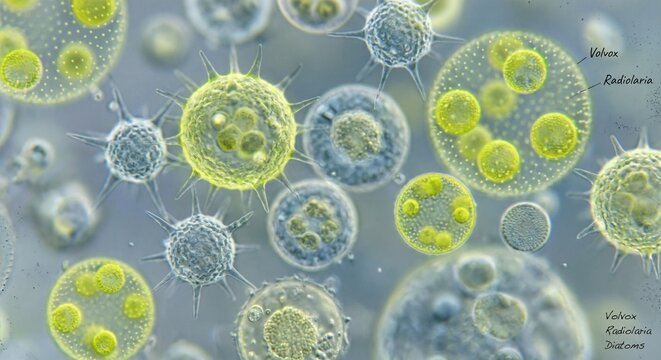 Microscopic view of Volvox and Radiolaria organisms floating in water showcasing intricate cellular structures and diverse biological forms of plankton under a microscope