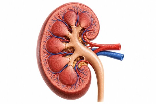 Human kidney cross section anatomical model showing internal structures including renal cortex medulla pelvis artery vein and ureter for medical education