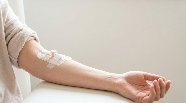 Close up of an intravenous catheter in a patient's arm. IV cannula secured with medical tape for infusion therapy in a hospital