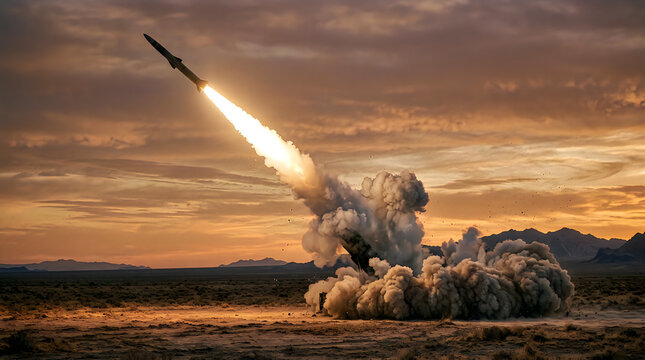A powerful military missile launches into the dramatic sunset sky from a desert landscape creating a massive cloud of dust and smoke