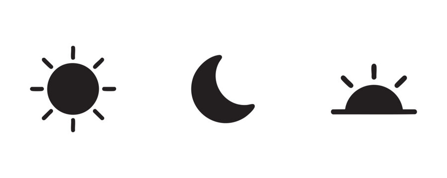 Sun, moon, and sunrise icon set on transparent background, day and night mode vector symbols.