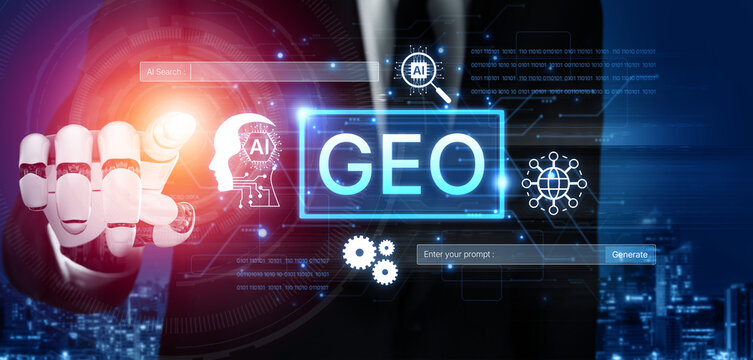 Digital marketing concept featuring GEO strategy. Generative AI search visual shows GEO interface integrating intelligence, logic, and AI input system for prompt tasks. Corpus