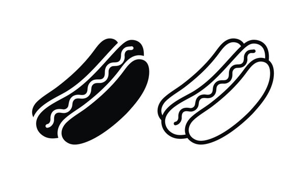 Hot dog fast food icon vector set with mustard, sausage, hamburger silhouette, and line outline isolated on a white background