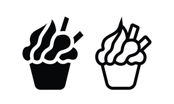 Ice cream cup dessert icon vector set with frozen yogurt sundae silhouette and line outline isolated on white background