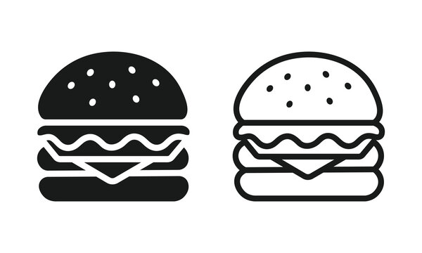 Burger fast food icon vector set with hamburger cheeseburger silhouette and line outline isolated on white background