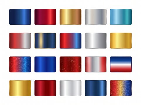 Metallic color swatches, shiny foil textures, red blue gold silver, gradient effects, 25 metallic colors