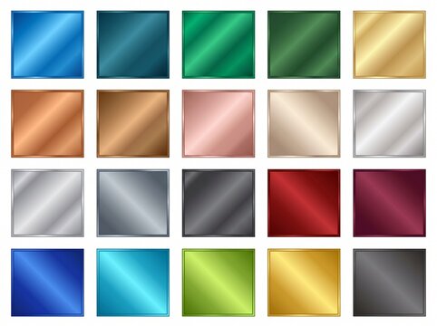 Colorful metallic squares, shiny surface textures, gradient effect, 20 swatches