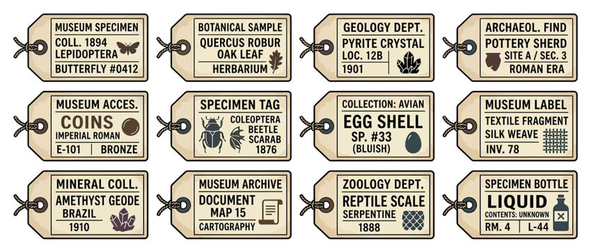 Collection of Vintage Museum Specimen Tags with Scientific Illustrations