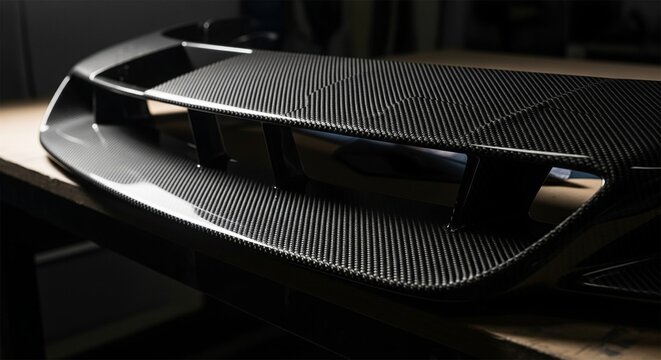 A close-up photograph showcasing a custom-made carbon fiber vehicle part, specifically a prominent front grille or a trunk lid spoiler