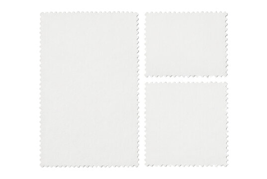 Three white postage stamp templates with perforated edges