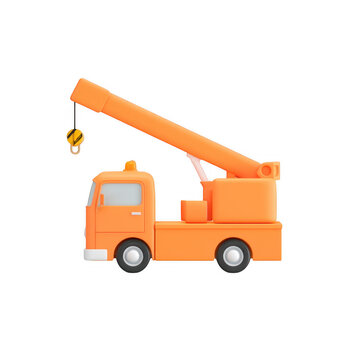 3D Icon of an Orange Crane Truck with Extended Boom Arm and Details, isolated on transparent background.