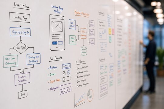 Whiteboard with user flow and system architecture diagrams drawn during a software development and UX design planning session in a modern office