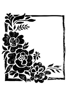 Black and white square frame with blooming flowers. Vector textured silhouette of a botanical border with leaves