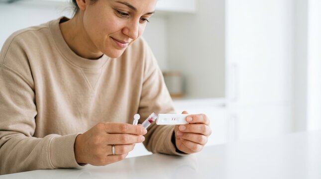 Smiling woman holding positive rapid test cassette at home. Female checking self diagnostic kit with two red lines. Pregnancy or health test concept