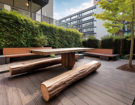 a modern eco friendly recreation area with unique wooden benches a large tree log and a picnic table in a residential courtyard concept of eco friendly urban landscaping