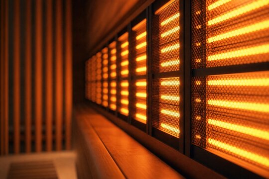 Infrared sauna heaters glowing with warm orange light inside a modern wooden wellness cabin designed for relaxation and heat therapy