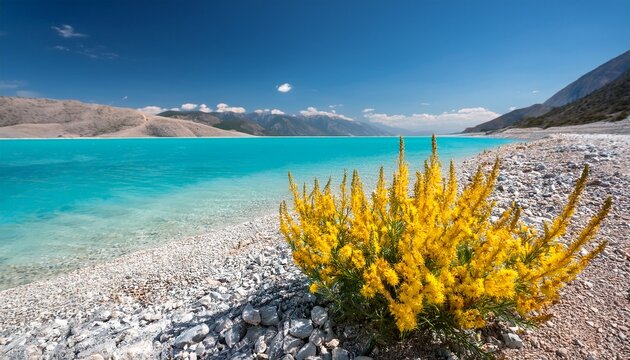 a yellow cowtail flower blooming against the backdrop of lake saldars enchanting turquoise waters and rocky shoreline