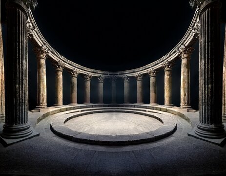 ancient stone columns surround a circular stage in darkness