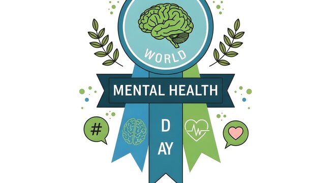 Mental health awareness concept with brain illustration. Wellness and psychology symbol on colorful ribbon banner. Professional healthcare and emot...