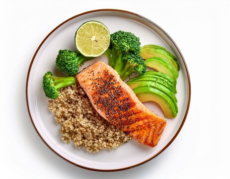 a top down view of a balanced meal featuring grilled salmon fresh green broccoli quinoa and sliced avocado on a white ceramic plate tasty broccoli healthy