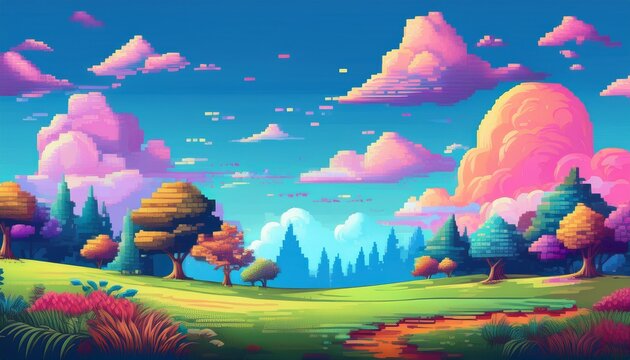 vibrant pixel art landscape with trees and clouds