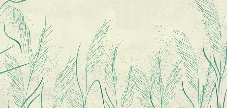 Abstract art background with grass on a light background in line style. Botanical banner for decor, wallpaper, prints, textiles, posters, and packaging.