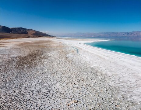 an aerial view of the drying white shores and cracked soil of lake salda whose water levels have receded due to global climate change