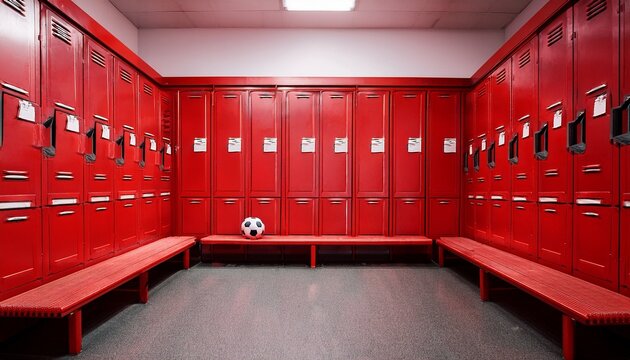 red locker room with soccer ball and benches