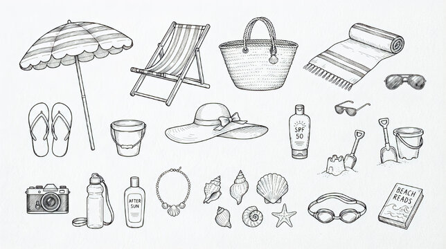Hand draw summer beach holiday vacation equipment and travel elements doodle set