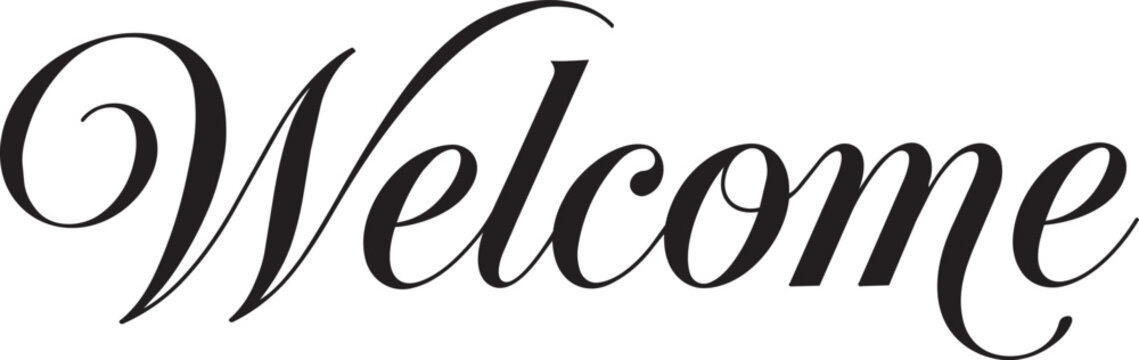 Elegant black cursive welcome script on white background with typography calligraphy greeting invitation hospitality lettering minimalist graphics alphabet inviting reception creative